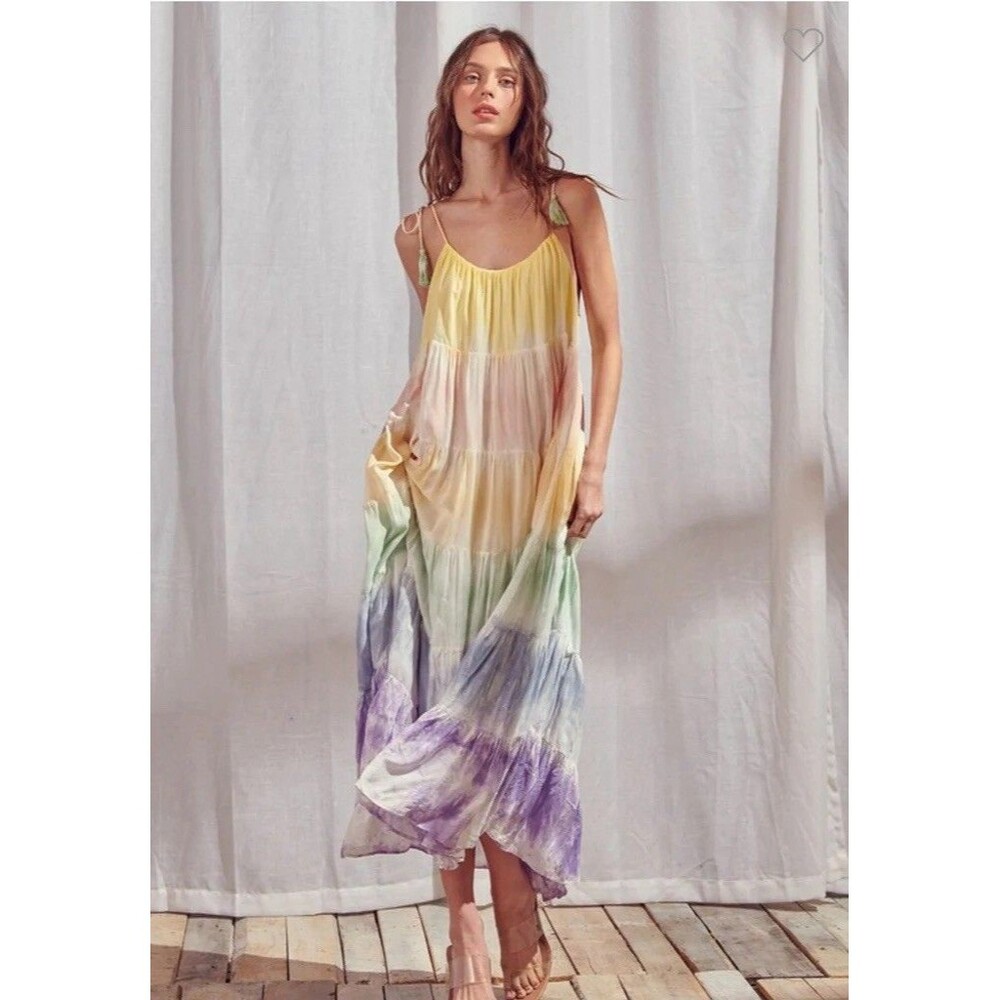 STORIA Tie Dye Maxi Dress Colorful Sleeveless Tasseled Straps Size S 100% Rayon